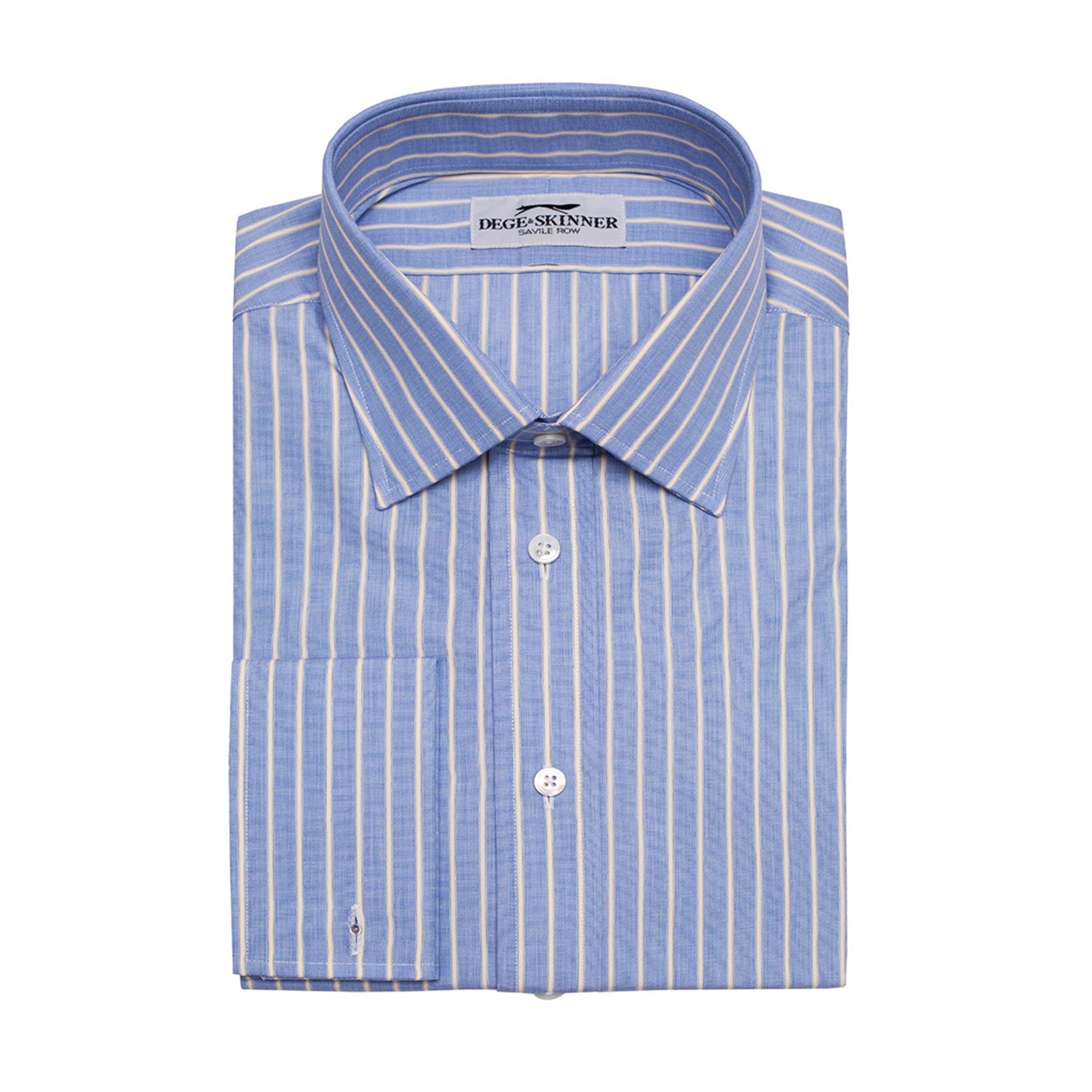 Blue Cotton Shirt With Narrow Yellow Stripe, Double French Cuff