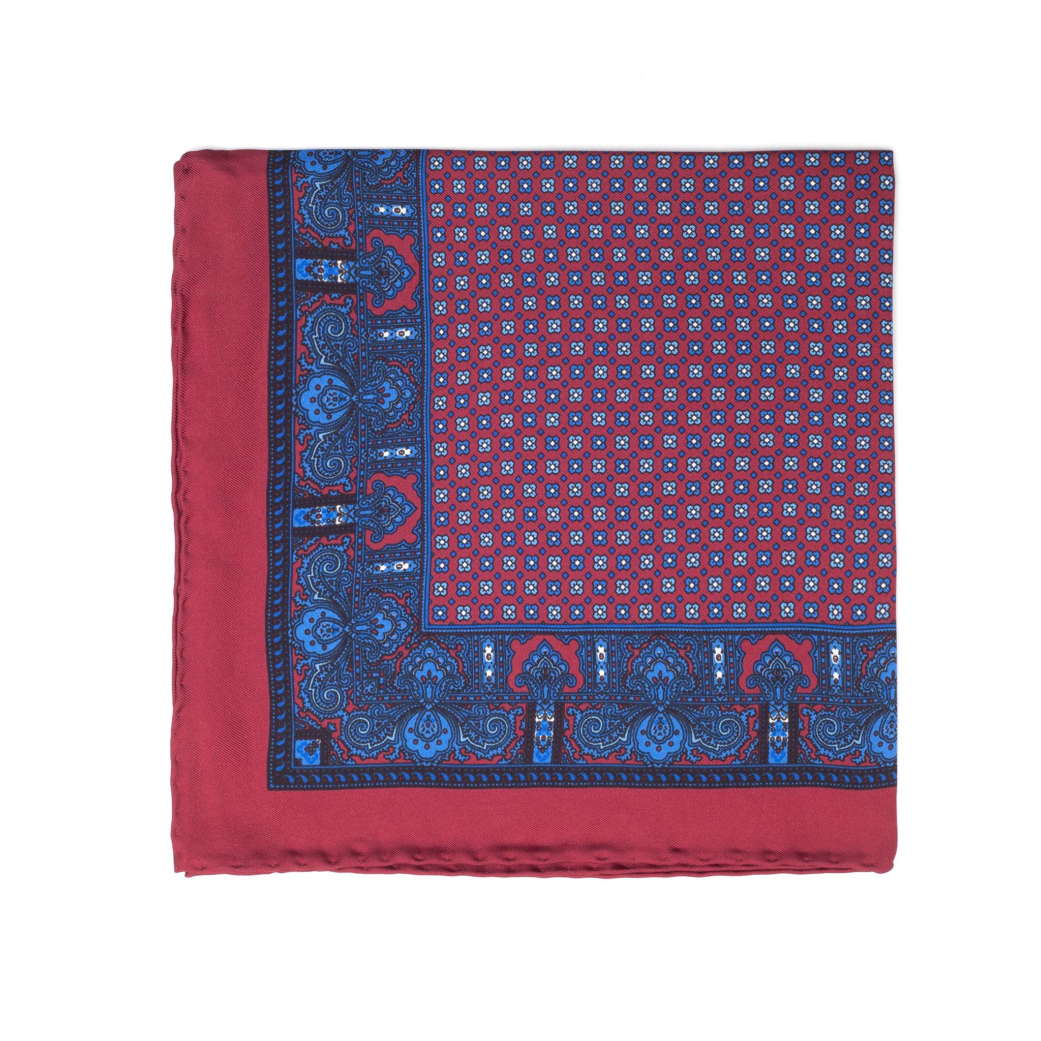 Silk Pocket Square with Hand-Rolled Edges, Burgundy Classic Border