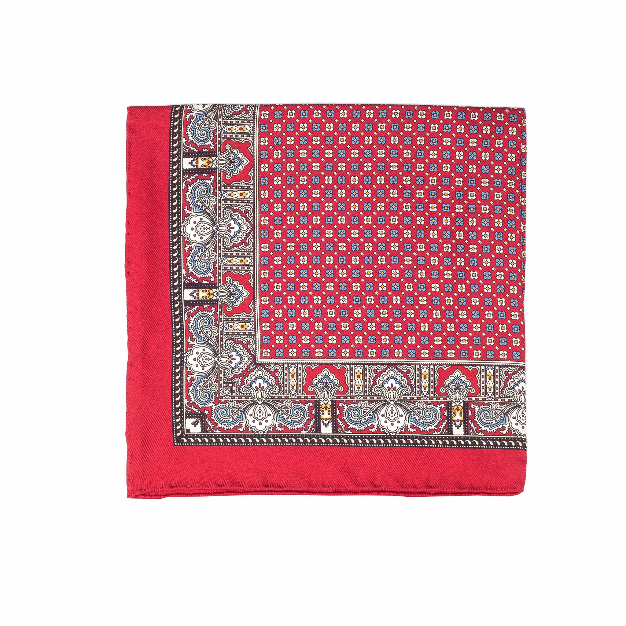 Silk Pocket Square with Hand-Rolled Edges, Red Classic Border