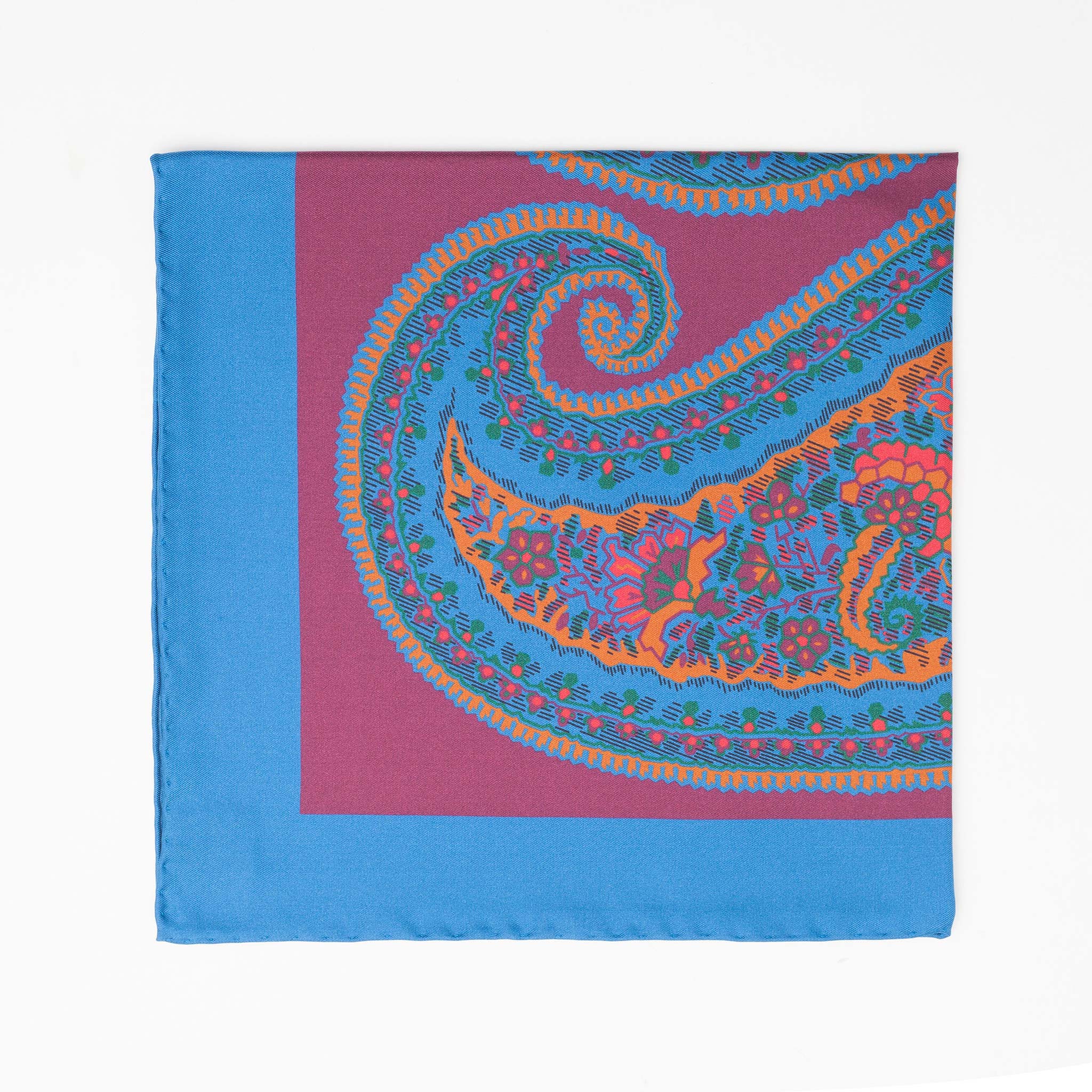 Silk Pocket Square with Hand-Rolled Edges, Wine & Blue