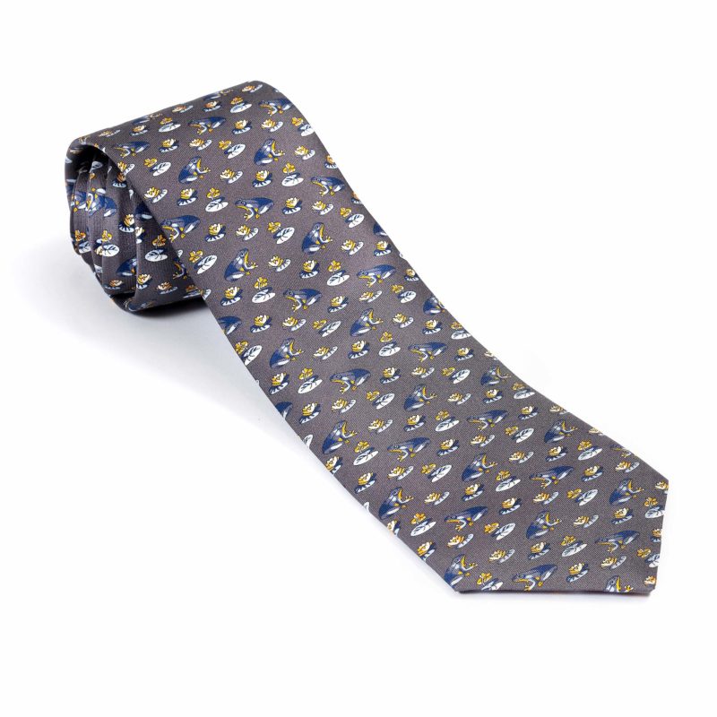 Grey Silk Tie Printed With Blue Frogs & Lily-Pads - Dege & Skinner