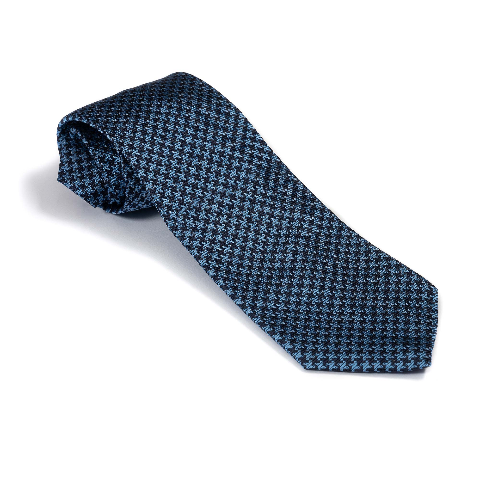 Mid-Blue Houndstooth Check Woven Silk Tie - Dege & Skinner, Savile Row