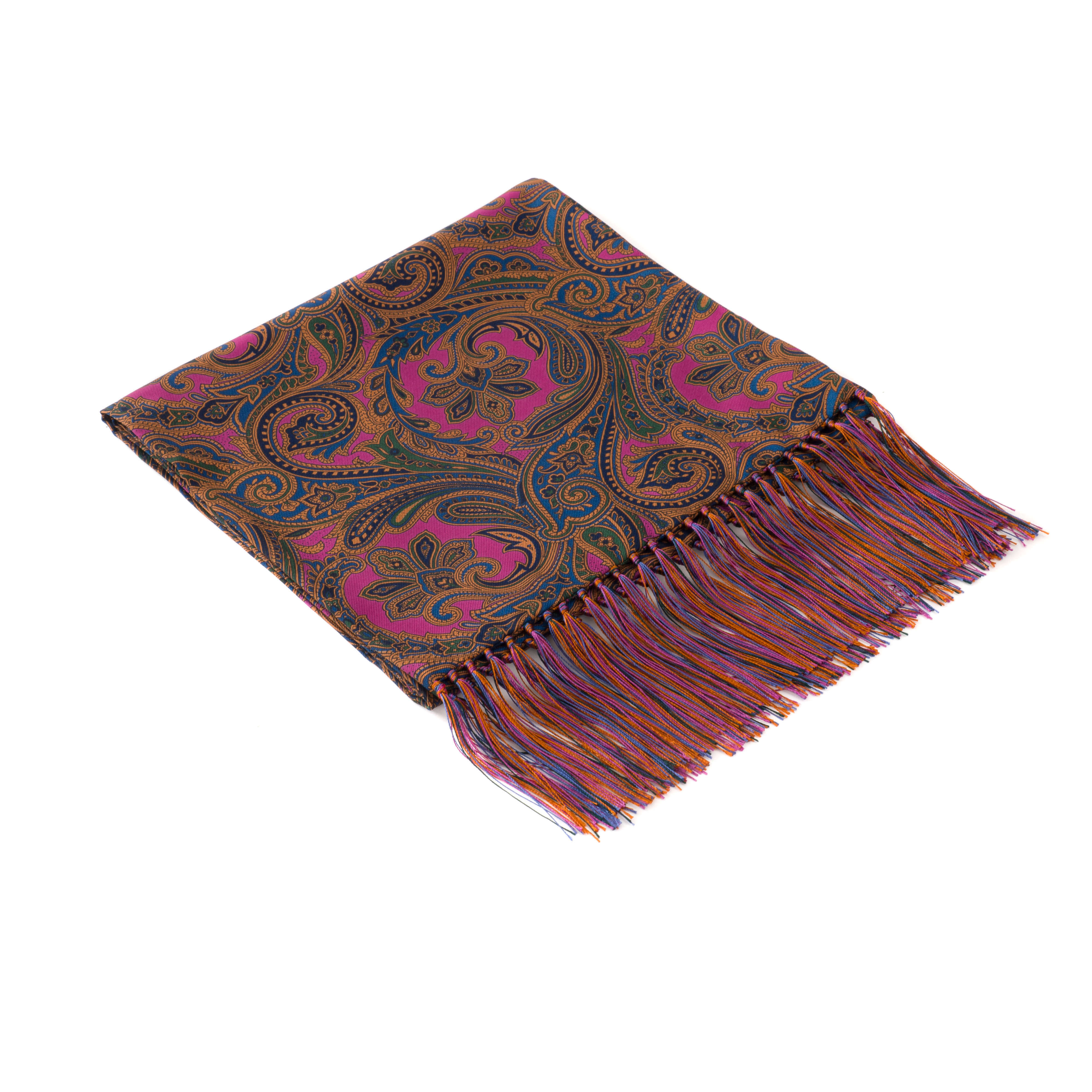 Madder Silk Scarf, Lilac With Blue, Gold & Green Paisley Large Design