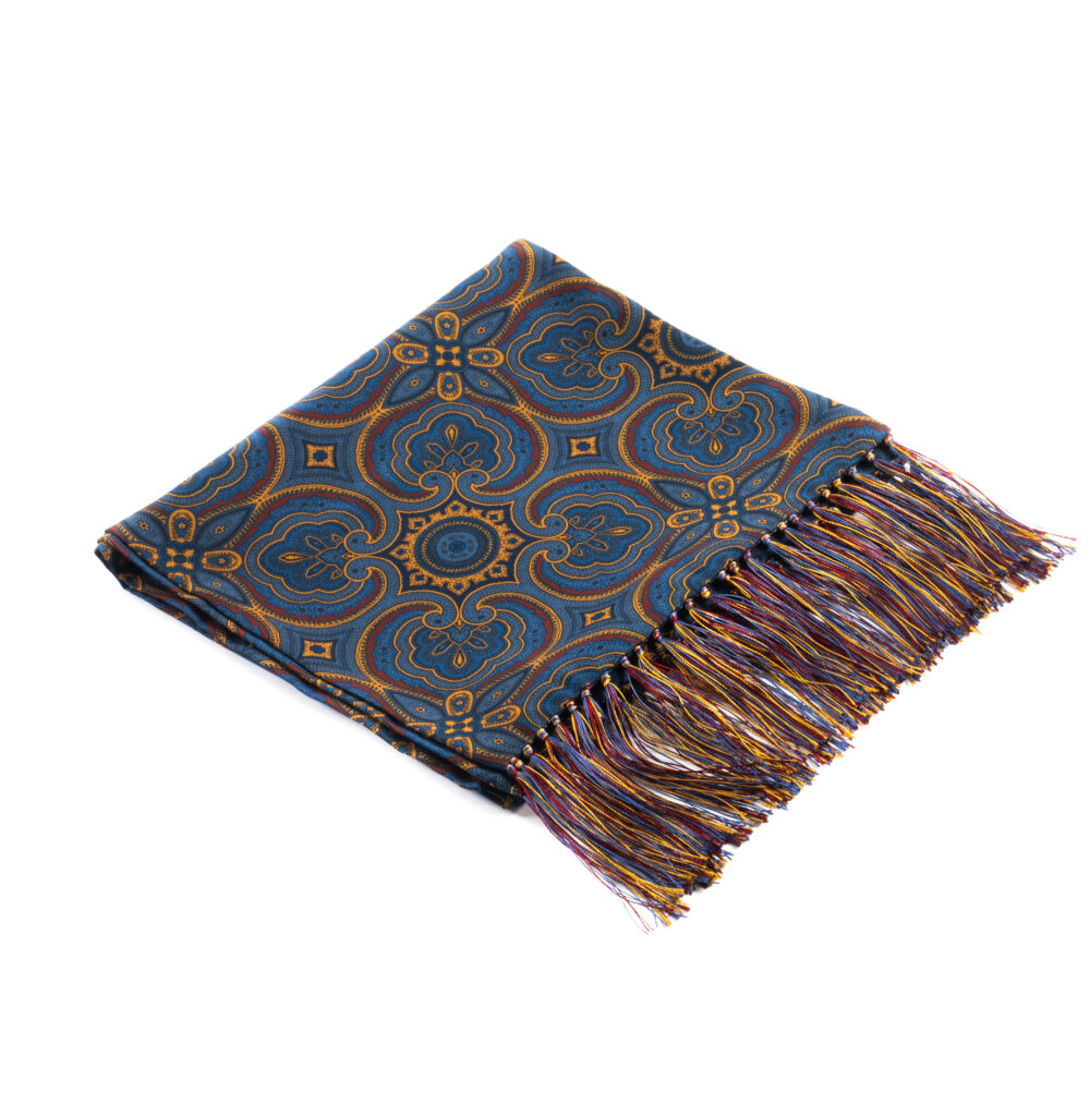 Madder Silk Scarf, Navy Blue With Red & Yellow Paisley Design - Dege ...