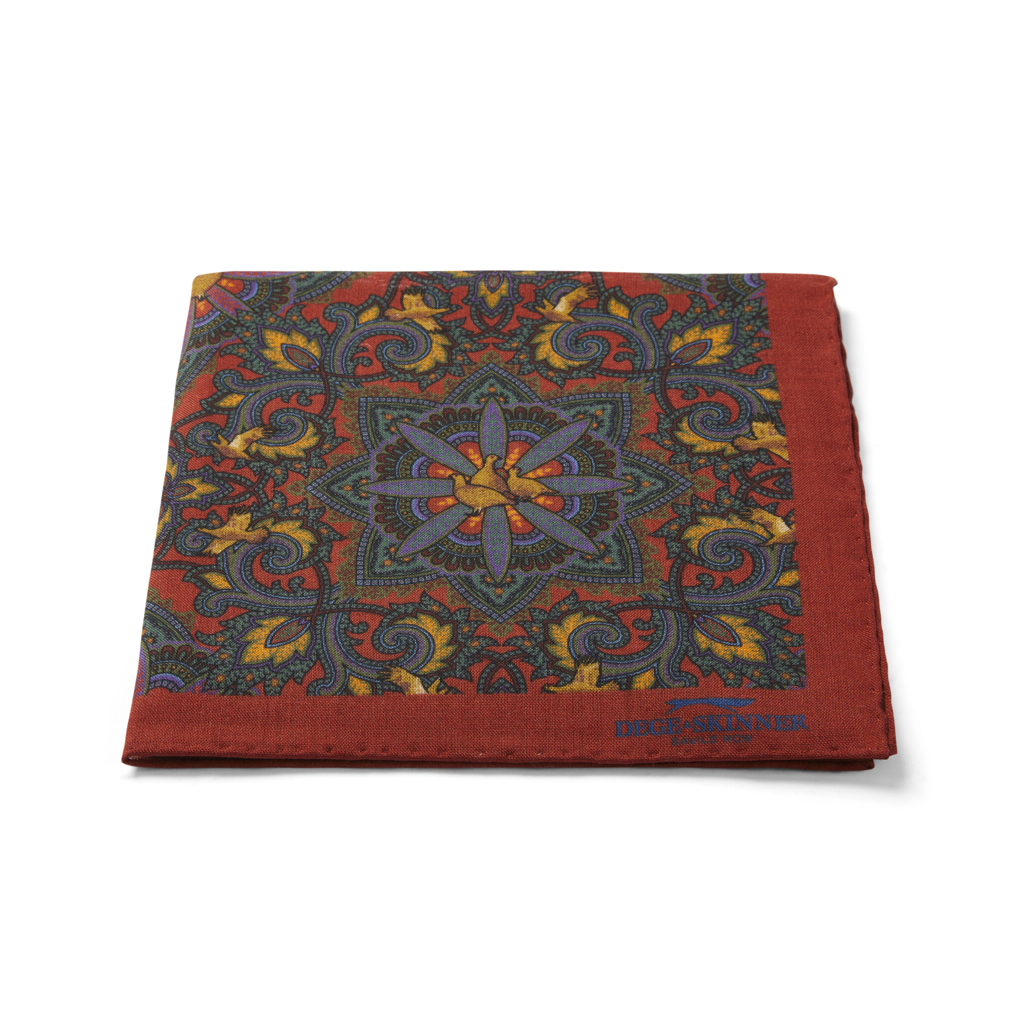 Wool & Silk Pocket Square, Rust/Green/Topaz Sporting Birds
