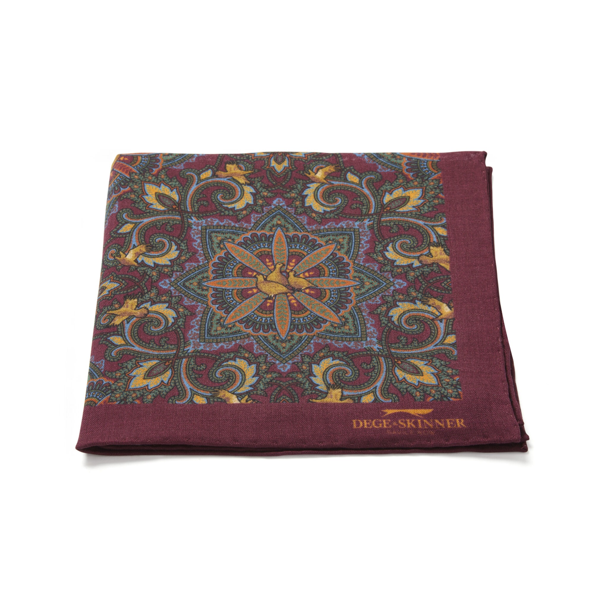Wool & Silk Pocket Square, Burgundy/Green/Blue Sporting Birds