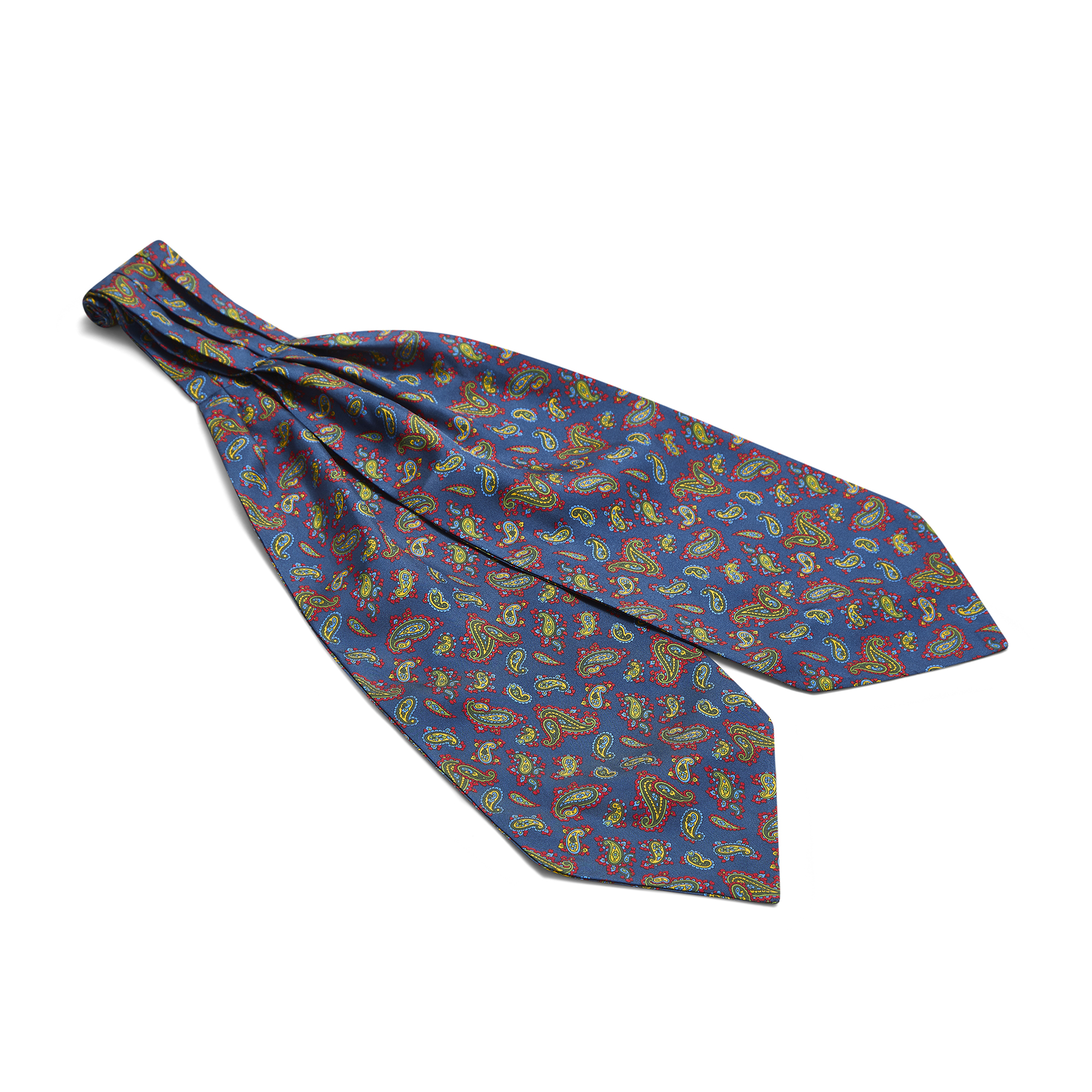 Silk Cravat, Navy Blue With Green, Yellow & Red Paisley Design