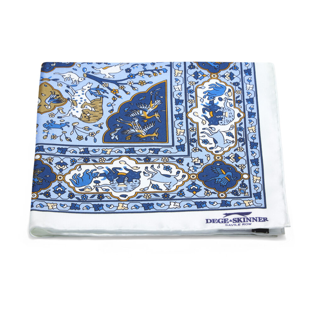 Silk Pocket Square, Blue With Navy, White & Yellow Animal Print