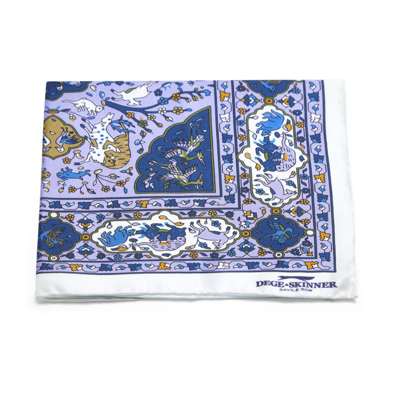 Silk Pocket Square, Purple With Navy, White & Cream Animal Print