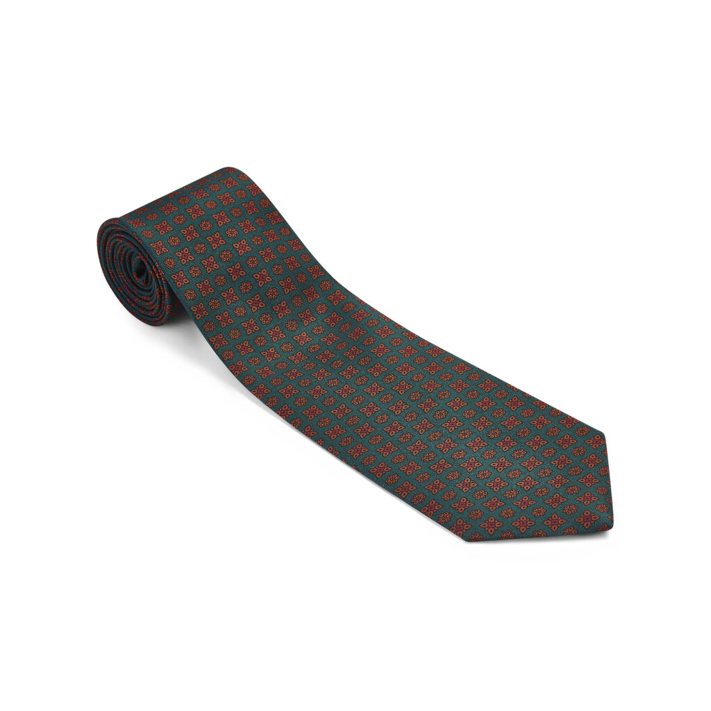 Madder Silk Tie, Dark Green With Orange Flowers