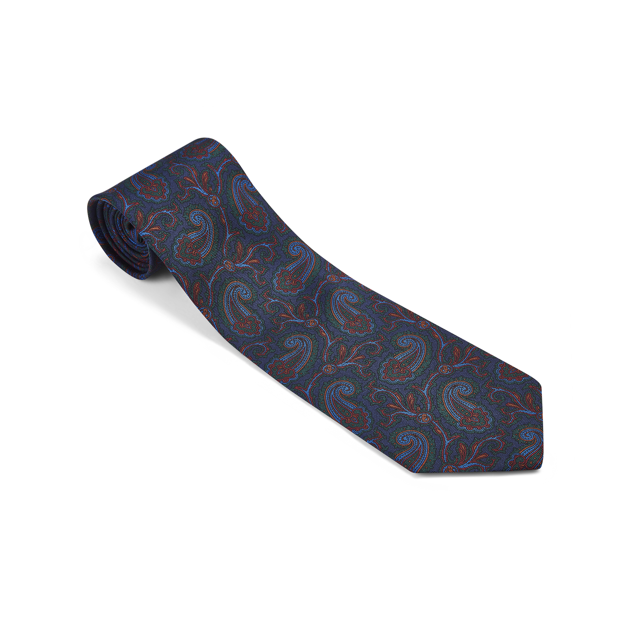 Madder Silk Tie, Navy Blue With Red, Green & Blue Paisley