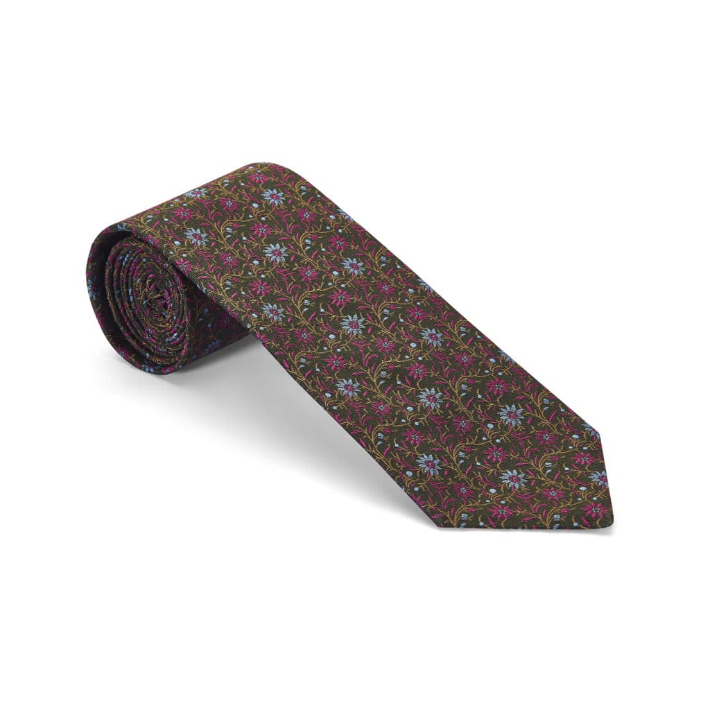 Moss Green & Fuschia Pink Floral Woven Silk Tie - Dege & Skinner