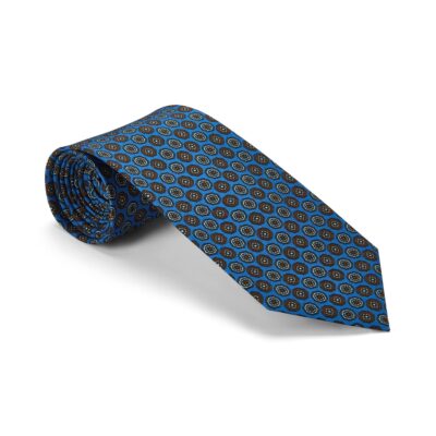 Azure Blue, Orange & Light Blue Medallions Printed Silk Tie