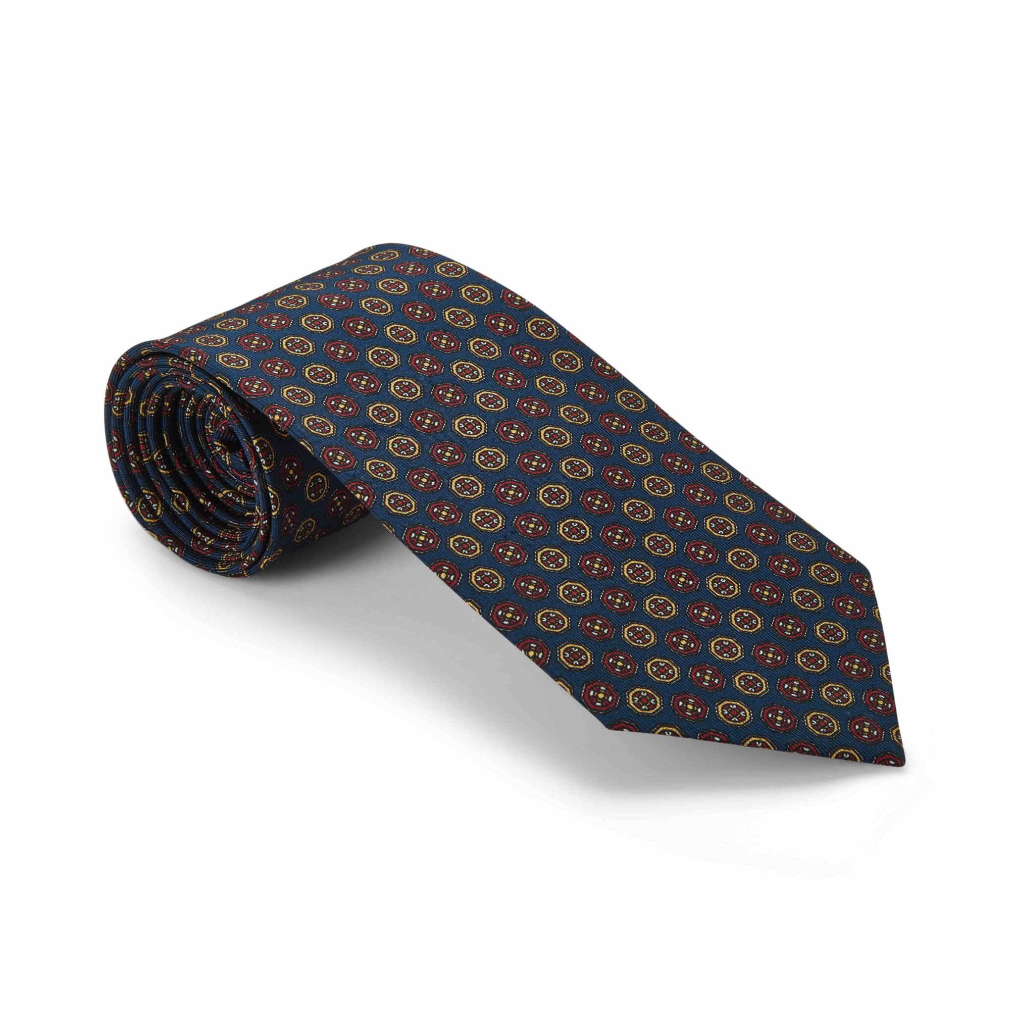 Navy, Red & Beige Medallions Printed Silk Tie
