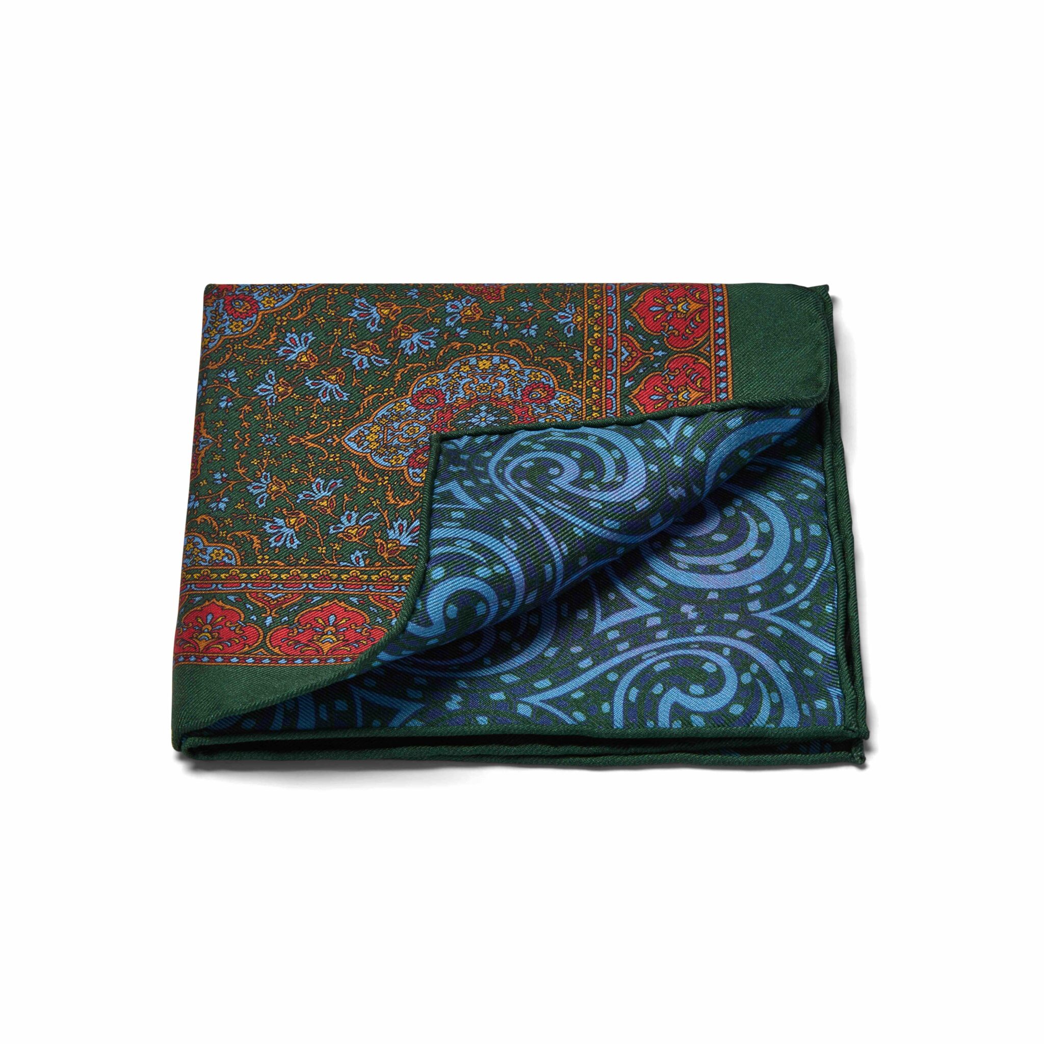 Green & Blue Moorish Rug Swirl, Reversible Silk Pocket Square