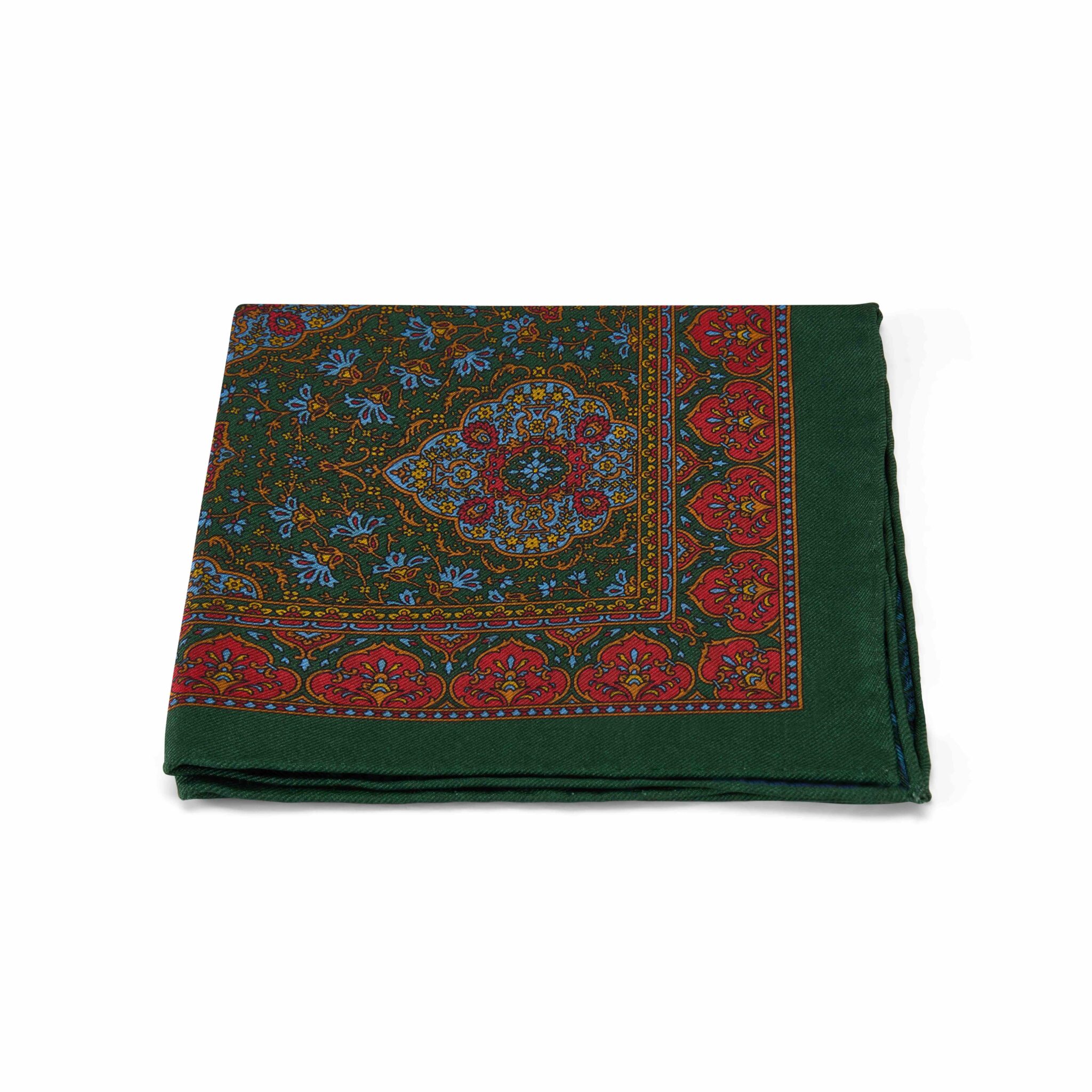 Green & Blue Moorish Rug Swirl, Reversible Silk Pocket Square