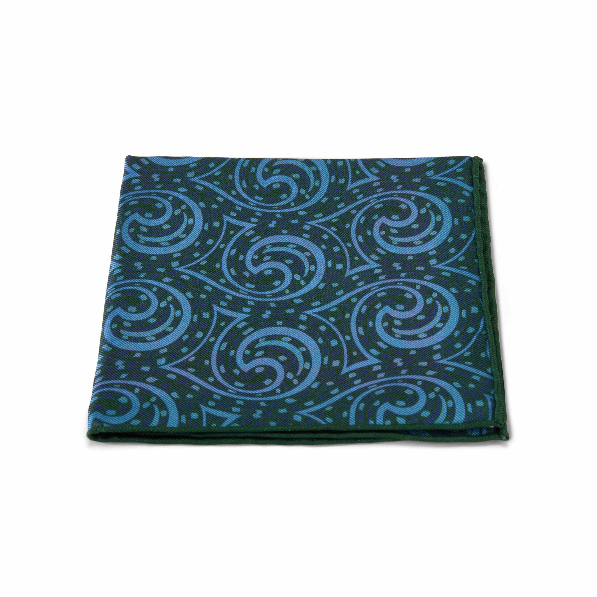 Green & Blue Moorish Rug Swirl, Reversible Silk Pocket Square