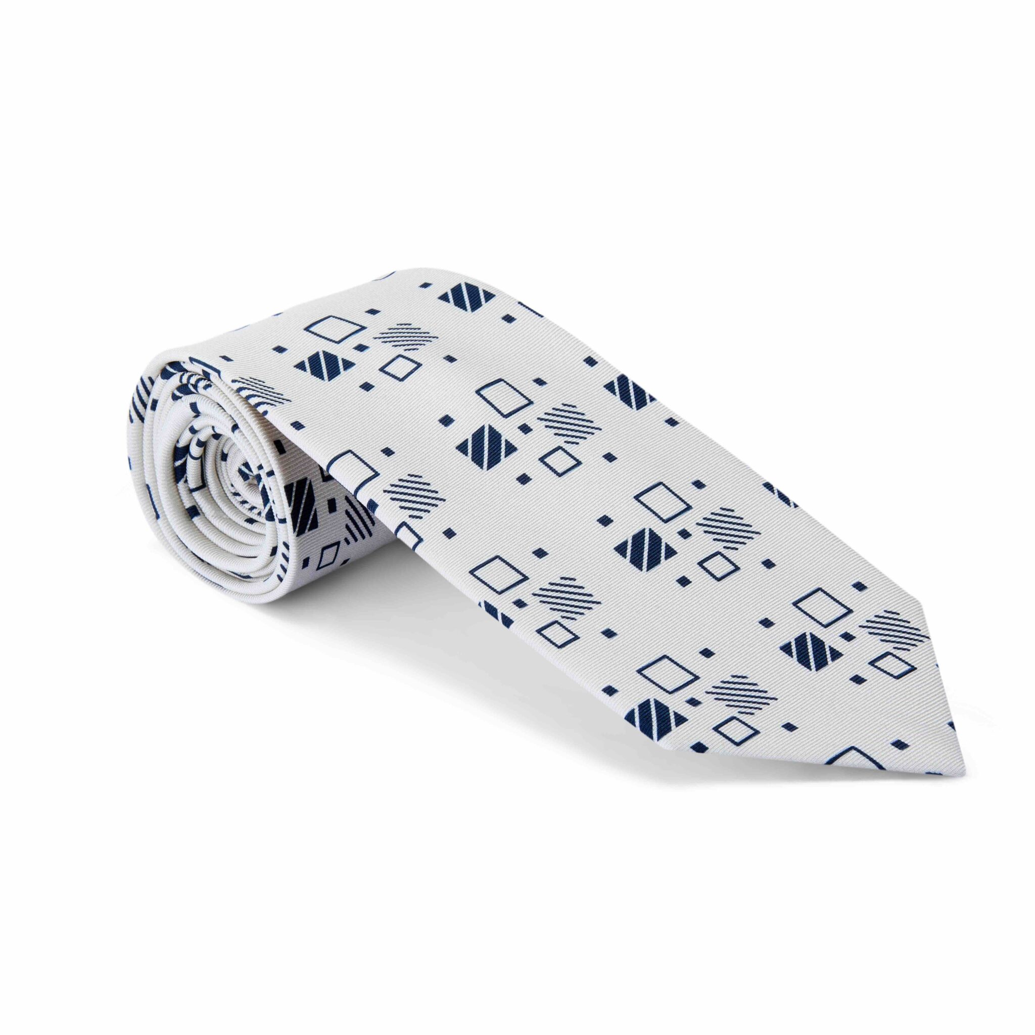 Cream & Navy Blue Art Deco, Printed Silk Tie