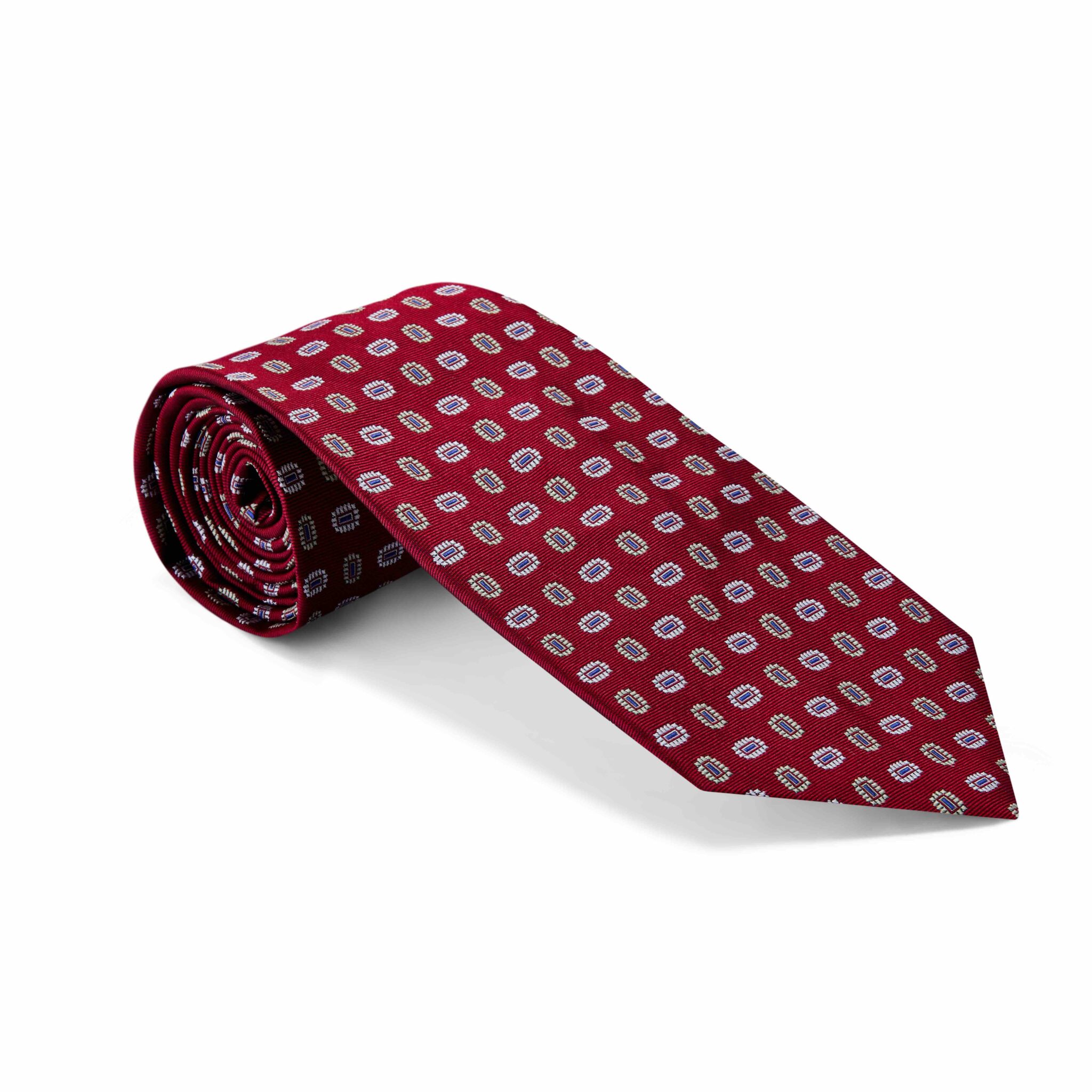 Red With Lime & White Geometric Oval, Woven Silk Tie